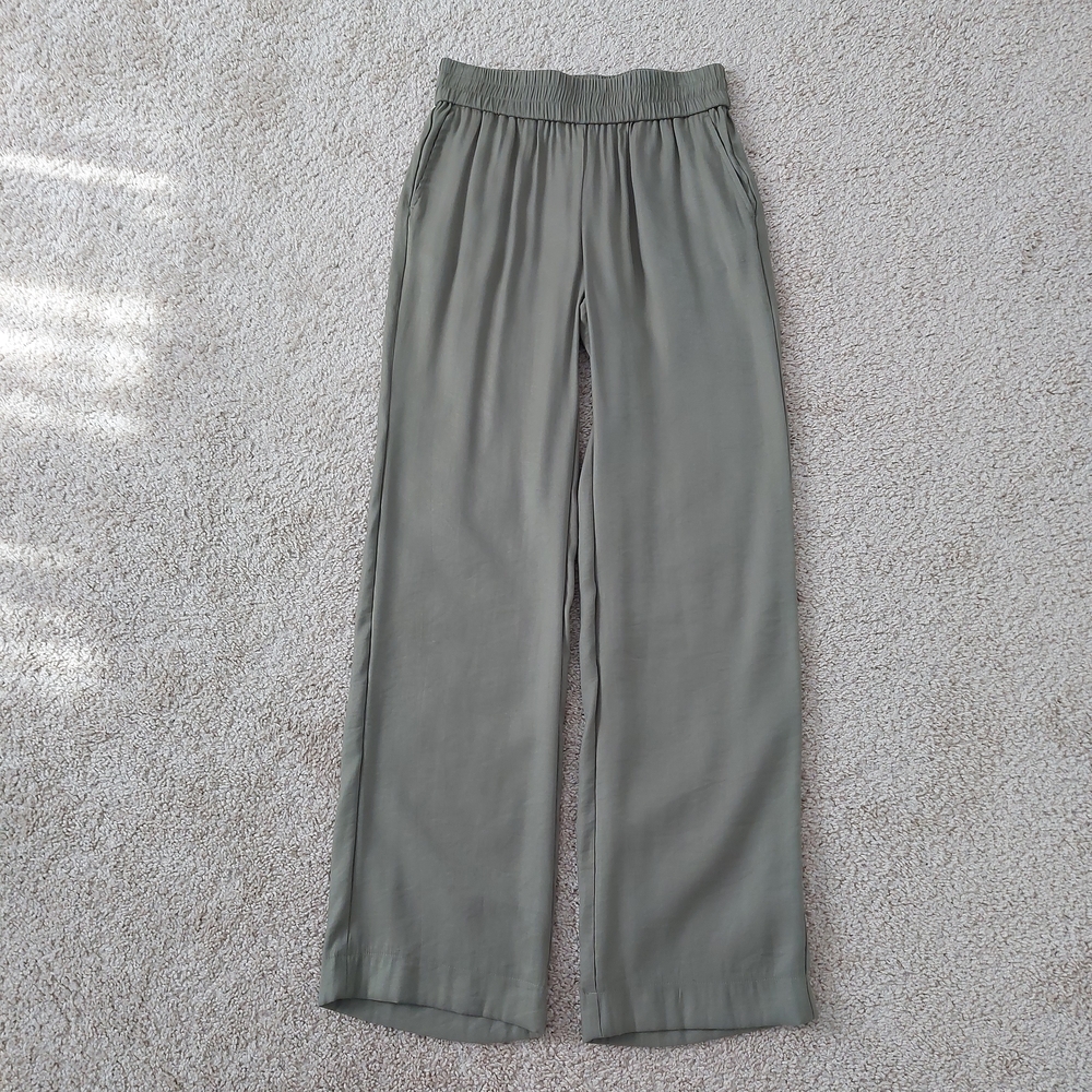 Olsen Europe Anna Pants Olive Green Shimmer Straight Pull On Elastic Wide Leg
